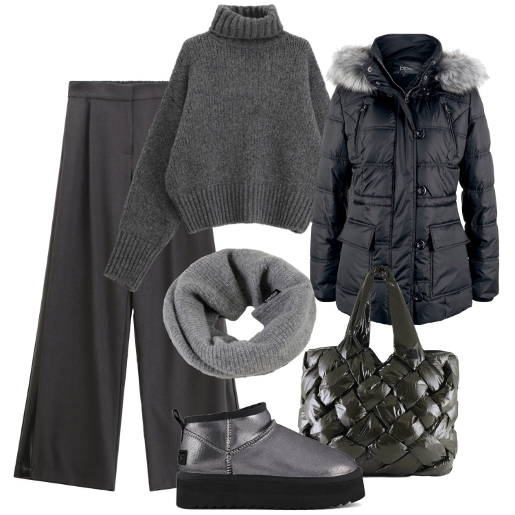 Outfit donna - Comfort grigio. Stile Casual chic per Ufficio. Abbinamento con giacche, pantaloni, maglieria, borse tote, scaldacollo, stivaletti.