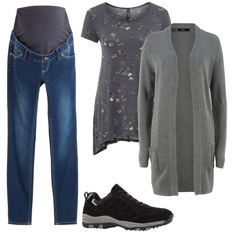 Outfit donna - Premaman Comodo. Stile Basic per Tutti i giorni. look ideale per Premaman. Abbinamento con cardigans, jeans skinny, t-shirt, scarpe sportive.