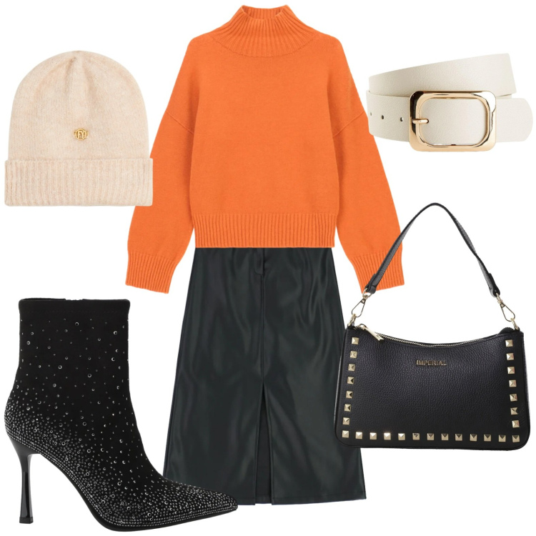 Outfit donna - Lo stivaletto lucente. Stile Minimal per Serata fuori. Abbinamento con cinture, pochette, stivaletti, gonne longuette, maglieria, berretti.