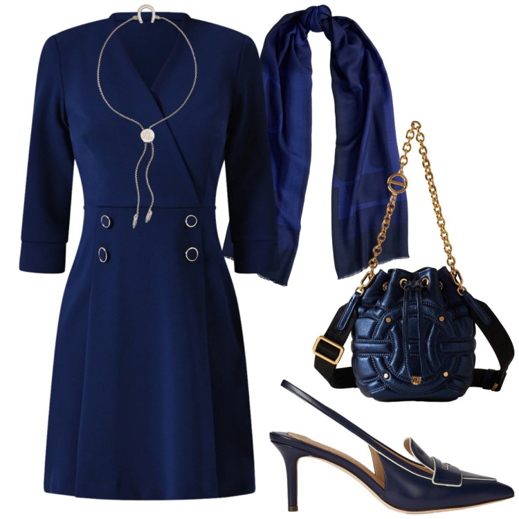 Outfit donna - Raffinato inverno. Stile Glamour per Serata fuori. Abbinamento con vestiti corti, borse a secchiello, décolleté, braccialetti con ciondoli, sciarpe.