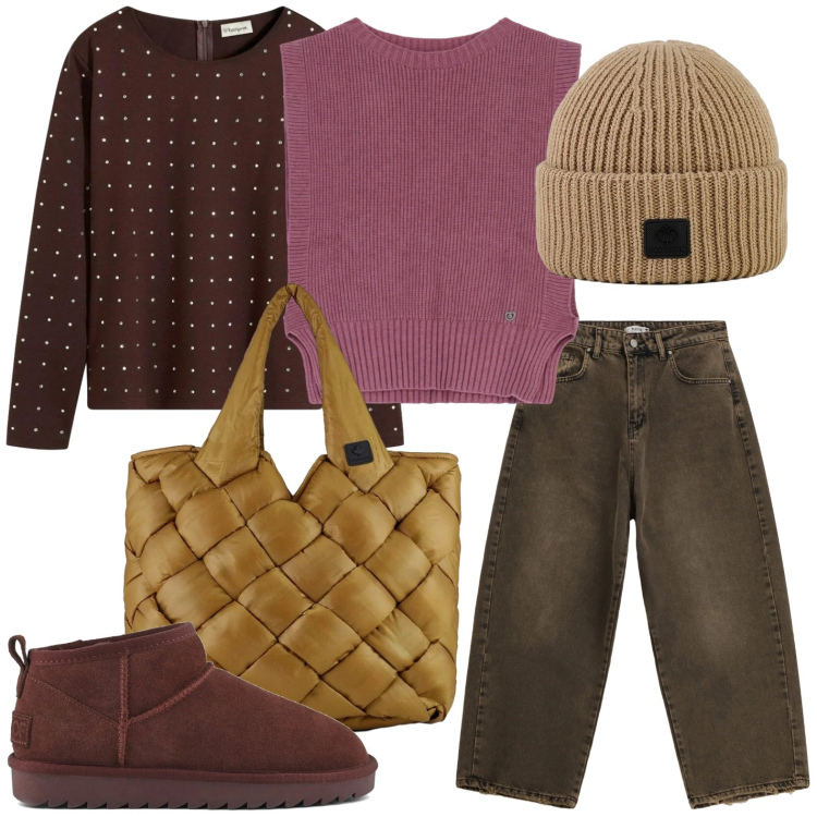 Outfit donna - Il gilet malva. Stile Glamour per Scuola/Università. Abbinamento con bluse, pantaloni a palazzo, maglieria, borse tote, berretti, stivali.