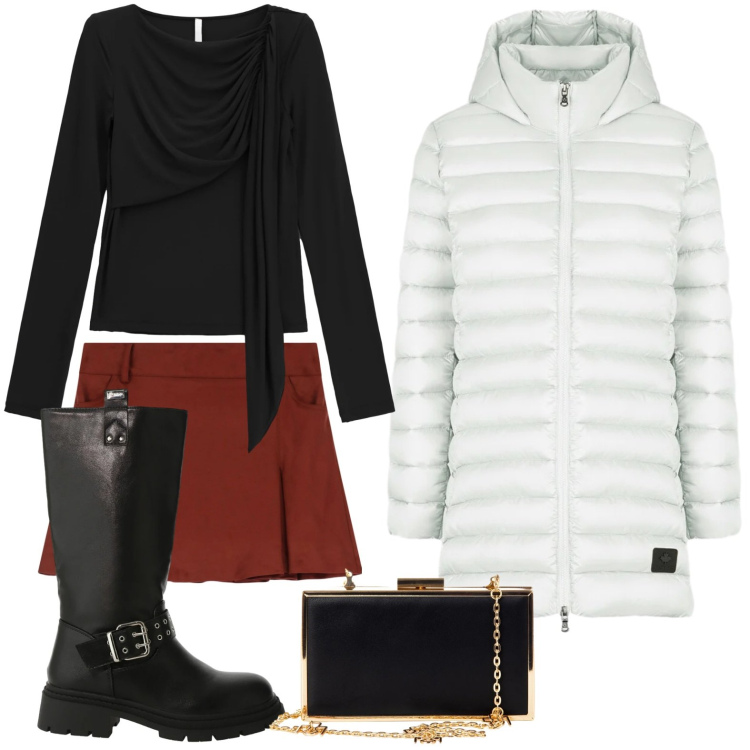 Outfit donna - La mini wine. Stile Glamour per Serata fuori. Abbinamento con pochette, minigonne, bluse, stivali, piumini.