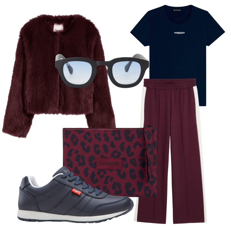 Outfit donna - Chic in tuta. Stile Sporty chic per Tutti i giorni. Abbinamento con sneakers, pantaloni, ecopellicce, occhiali da sole, clutch, t-shirt sportive.