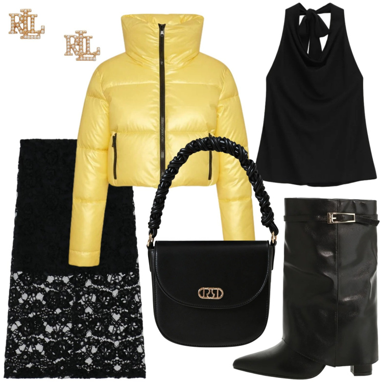 Outfit donna - Touch yellow. Stile Rock per Serata fuori. Abbinamento con gonne longuette, top, borse a mano, stivali, orecchini, piumini.