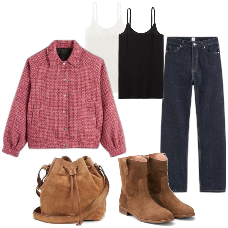 Outfit mujer - Casual #13627. Estilo Casual para Todos los días. Combinación con top, bolsos saco, bomber, botas, vaqueros rectos.