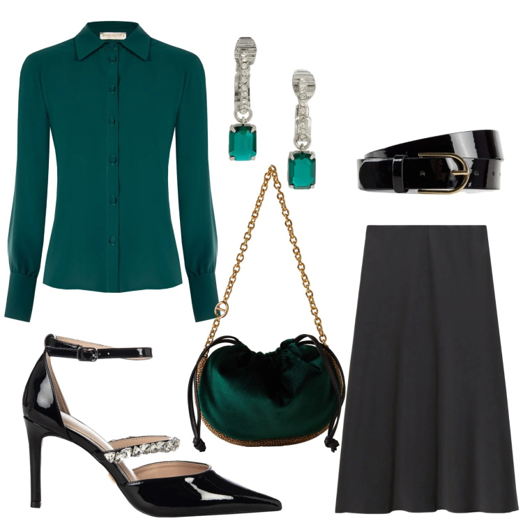 Outfit donna - Stile romantico. Stile Romantica per Serata fuori. Abbinamento con cinture, camicie, décolleté, gonne longuette, borse a spalla, orecchini.