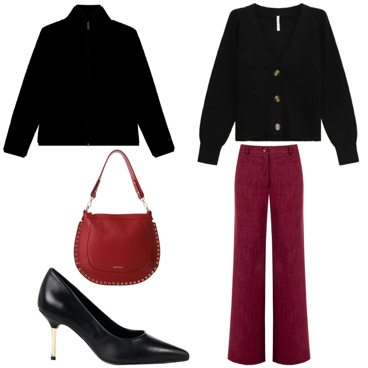 Outfit donna - Cena in nero e bordeaux. Stile Chic per Serata fuori. Abbinamento con pantaloni, décolleté, borse a spalla, cardigans, bomber.