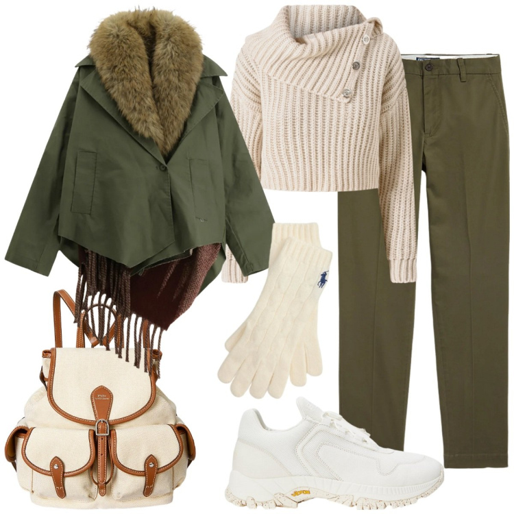 Outfit donna - Mercatino di natale. Stile Sporty chic per Tutti i giorni. Abbinamento con cappotti, maglieria, pantaloni chino, sneakers, zaini, guanti.