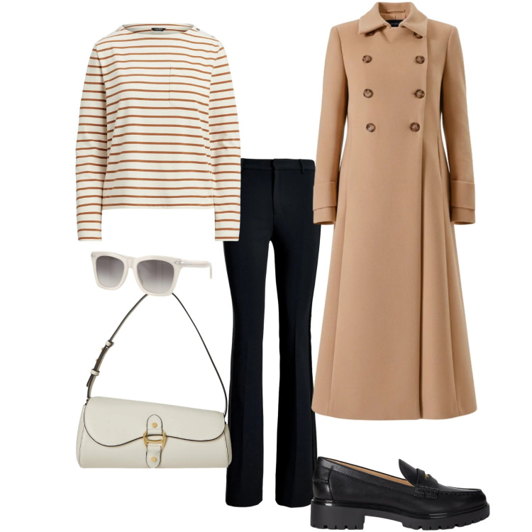 Outfit donna - Triangolo ("A") - 03. Stile Casual chic per Tutti i giorni. Abbinamento con cappotti, mocassini, maglieria, occhiali da sole, borse a spalla, pantaloni.
