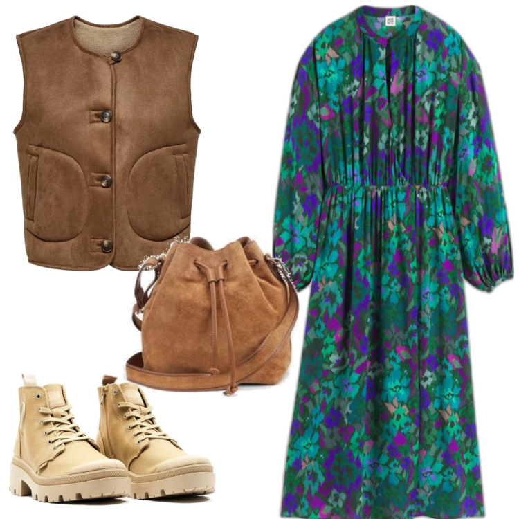 Outfit mujer - Mañana otoñal. Estilo Boho para Todos los días. Combinación con bolsos saco, sneakers, vestidos largos, chalecos.