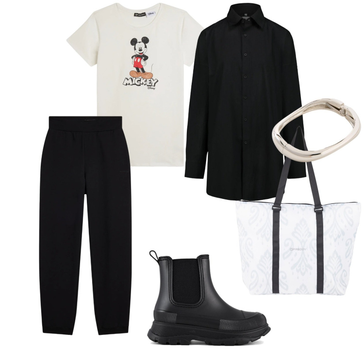 Outfit donna - Pratica. per Tutti i giorni. Abbinamento con braccialetti, pantaloni, shopping bag, t-shirt, stivali, camicie.