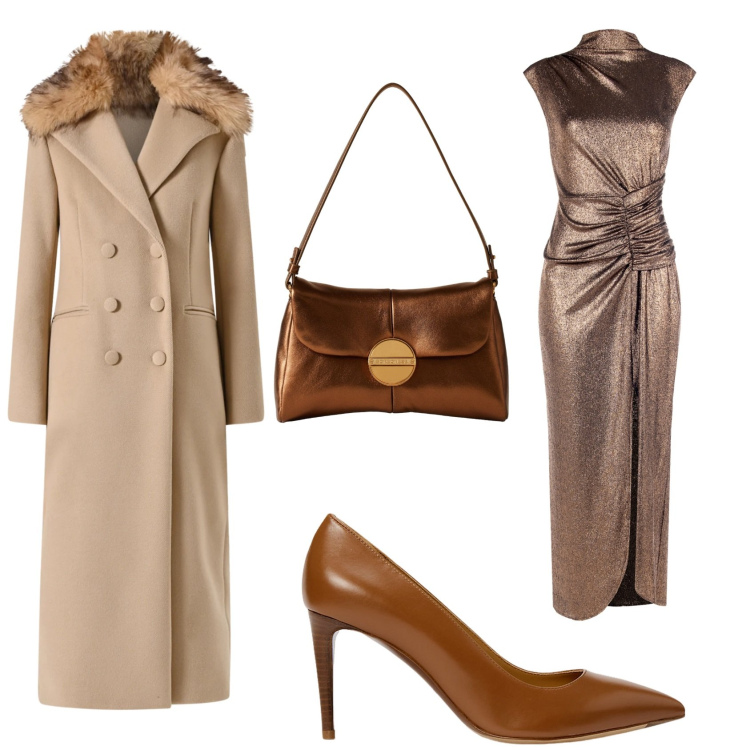 Outfit donna - Bronzo: il colore delle feste. Stile Glamour per Serata fuori. Abbinamento con cappotti, vestiti lunghi, borse a tracolla, décolleté.