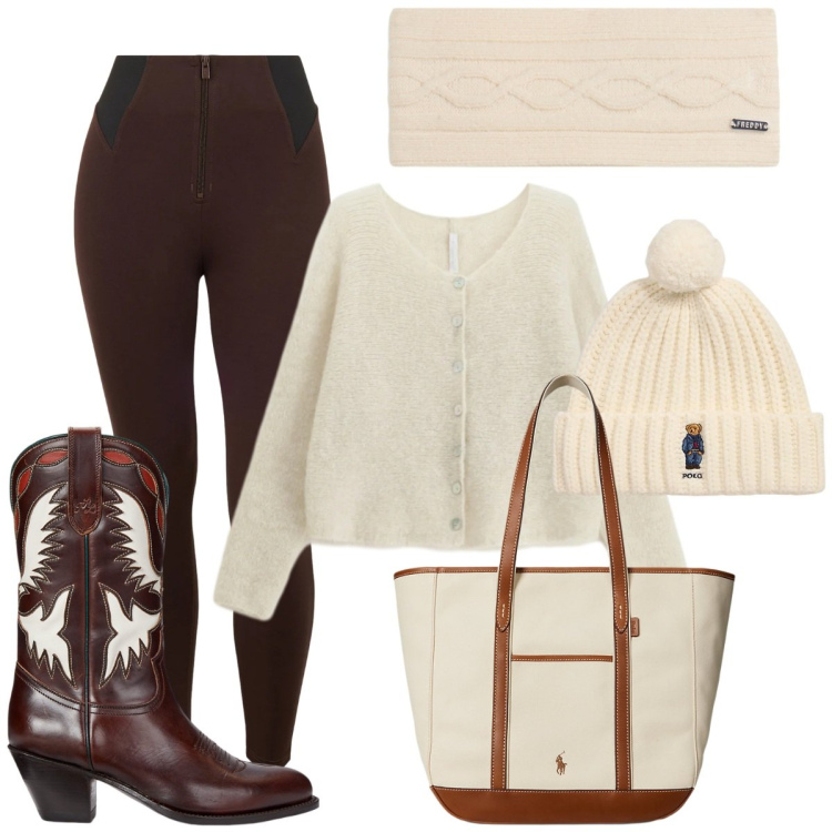 Outfit donna - Mercatino di Natale. Stile Casual chic per Tutti i giorni. Abbinamento con cardigans, accessori per capelli, pantaloni skinny, stivali, berretti, borse tote.