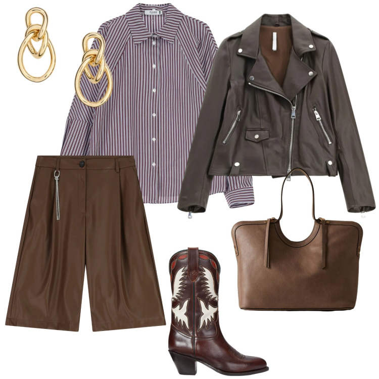 Outfit donna - Urban. per Ufficio. Abbinamento con camicie, bermuda, giacche, shopping bag, stivali, orecchini.