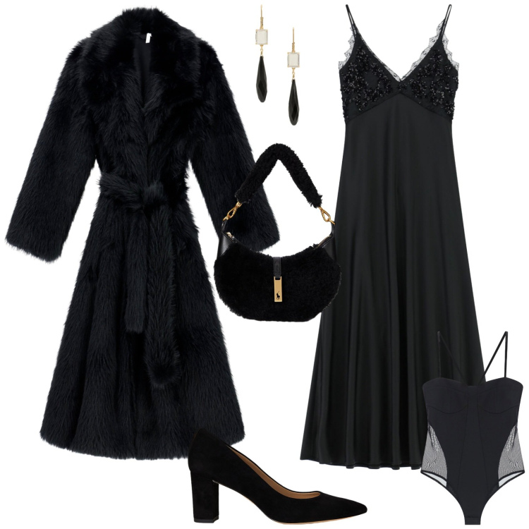 Outfit donna - Glamour per una serata speciale. Stile Glamour per Serata fuori. Abbinamento con body, cappotti, vestiti lunghi, décolleté, borse a spalla, orecchini.