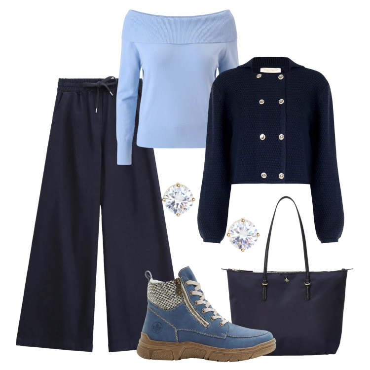 Outfit donna - Relax in città. Stile Sporty chic per Tutti i giorni. Abbinamento con stivaletti, jeans, pullovers, blazer, borse tote, orecchini.