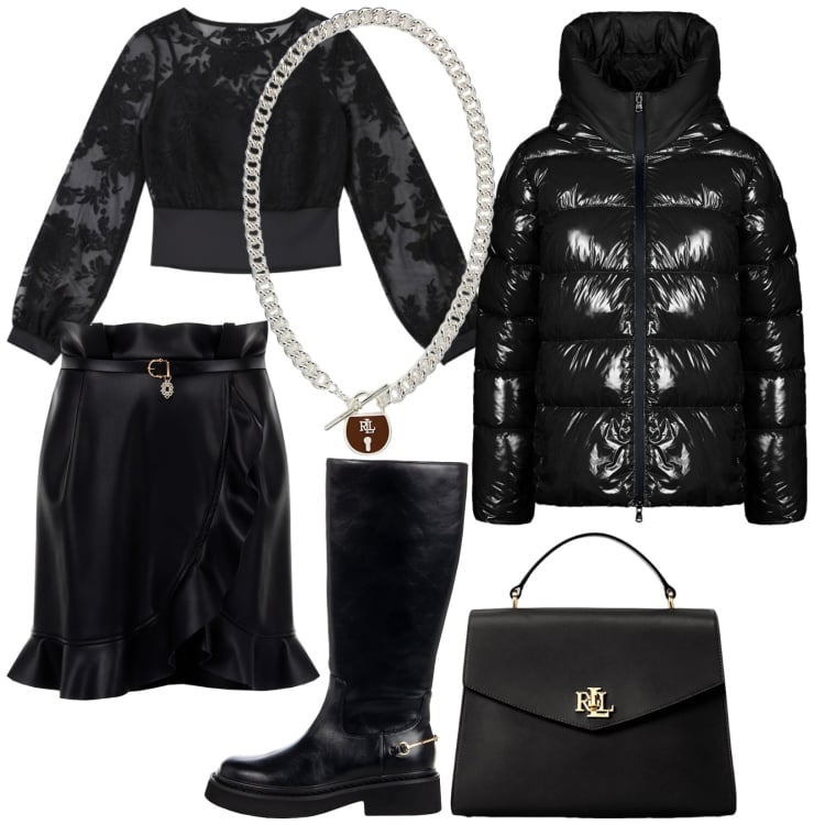 Outfit donna - Rock Romantico. Stile Rock per Serata fuori. Abbinamento con bluse, minigonne, stivali sopra il ginocchio, borse a mano, ciondoli, piumini.