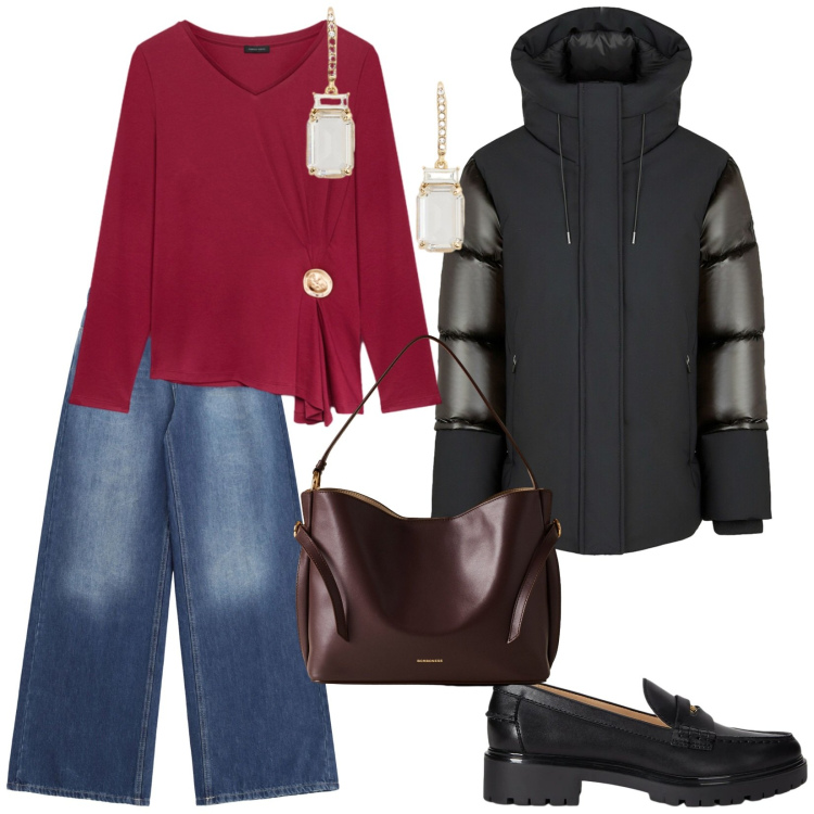 Outfit donna - Per tutto il giorno. per Tutti i giorni. Abbinamento con jeans, borse a mano, mocassini, orecchini, cappotti, t-shirt.