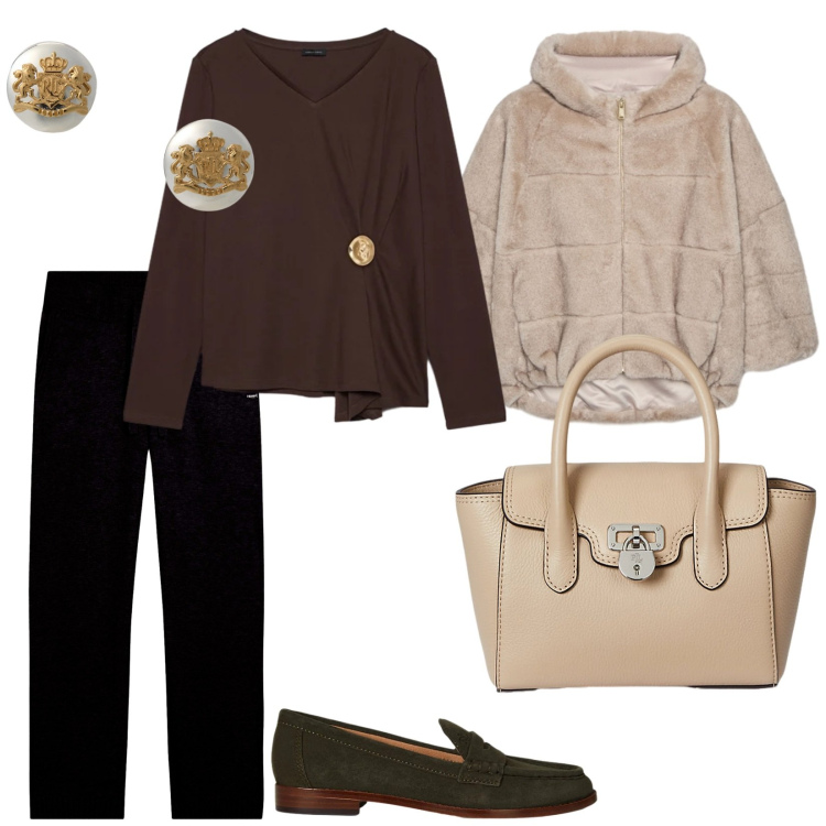 Outfit donna - Spese e spesucce. per Tutti i giorni. Abbinamento con pantaloni, orecchini, borse a mano, mocassini, ecopellicce, t-shirt.