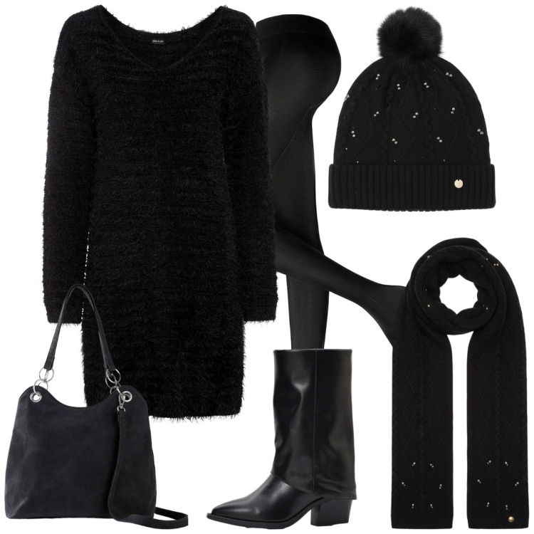 Outfit donna - Brilla con i tessuti che si accendono. Stile Casual per Serata fuori. Abbinamento con collant, vestiti lunghi, stivali, borse a mano, sciarpe, berretti.