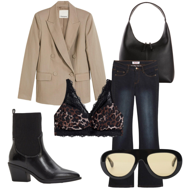 Outfit donna - Un tocco di pizzo. Stile Casual per Tutti i giorni. Abbinamento con jeans bootcut, blazer, shopping bag, stivaletti texani, bralette, occhiali da sole.