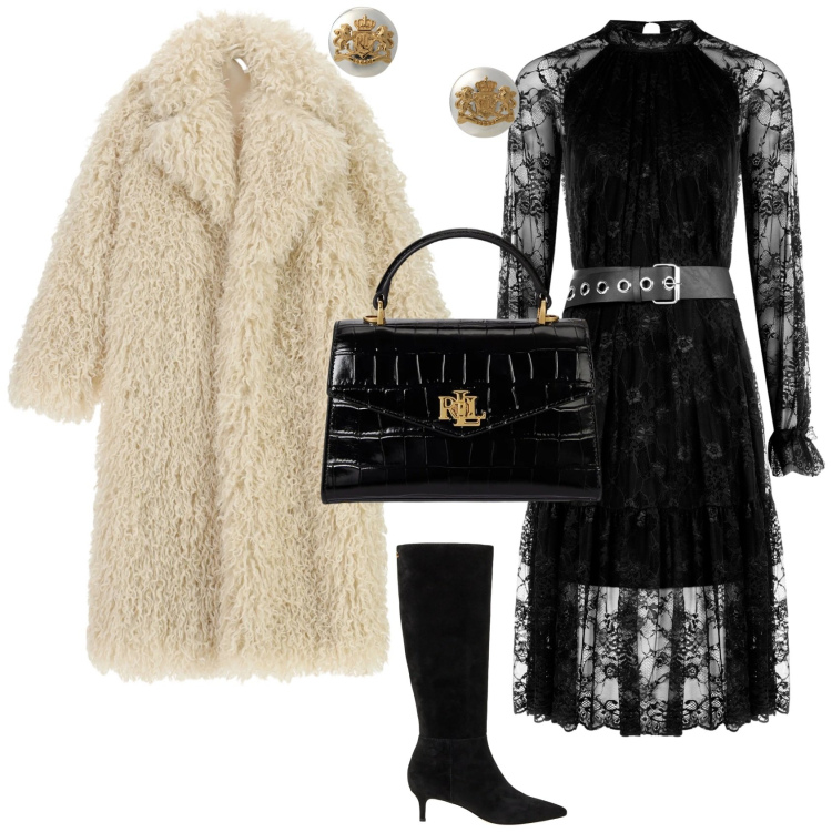 Outfit donna - Chic per le feste. Stile Chic per Tutti i giorni. Abbinamento con vestiti midi/longuette, cappotti, orecchini, borse a mano, stivali.