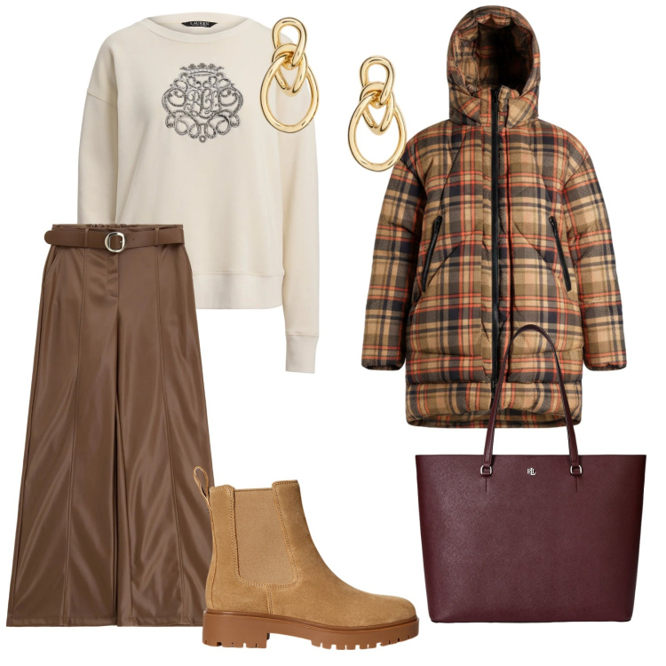 Outfit donna - Freddo a dicembre. per Tutti i giorni. Abbinamento con pantaloni, stivaletti chelsea, pullovers, orecchini, borse tote, blazer.