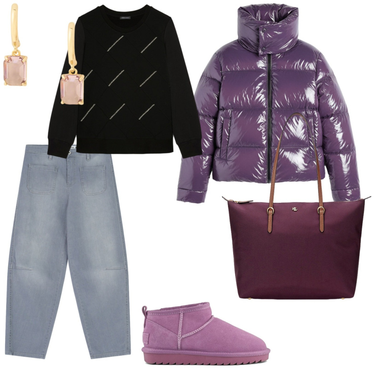 Outfit donna - Freddo a dicembre. per Tutti i giorni. Abbinamento con jeans, borse tote, orecchini, piumini, stivali, felpe.