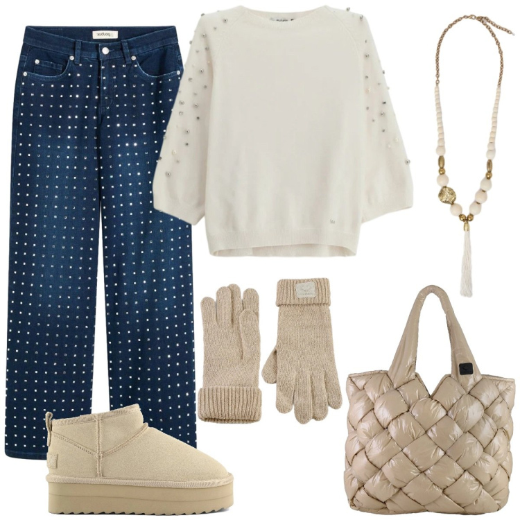 Outfit donna - Jeans con brillantini. Stile Casual chic per Tutti i giorni. Abbinamento con jeans dritti, maglieria, borse tote, guanti, ciondoli, stivaletti.