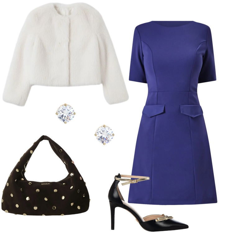 Outfit donna - Minimalismo elegante. Stile Chic per Serata fuori. Abbinamento con ecopellicce, décolleté, vestiti a tubino, borse a spalla, orecchini.