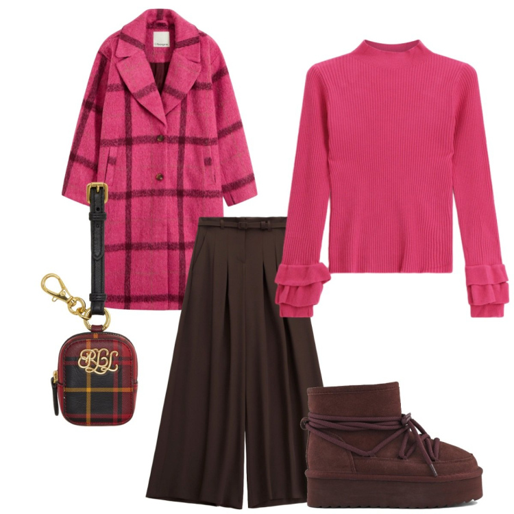 Outfit donna - Total look #2302598. Stile Minimal per Tutti i giorni. Abbinamento con cappotti, pantaloni a palazzo, maglieria, pochette, stivaletti.