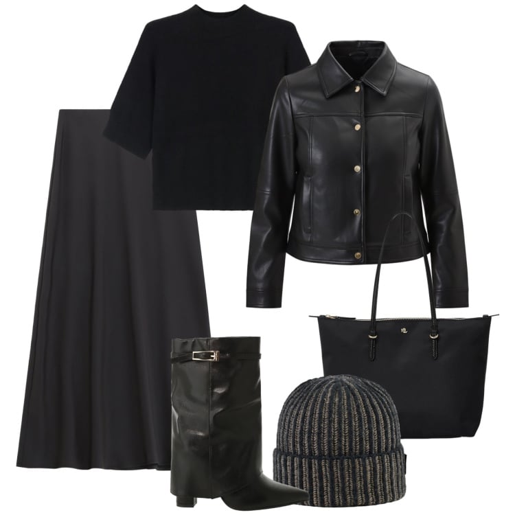 Outfit donna - Black in trend. Stile Trendy per Tutti i giorni. Abbinamento con giacche, gonne lunghe, stivali, maglieria, borse tote, berretti.