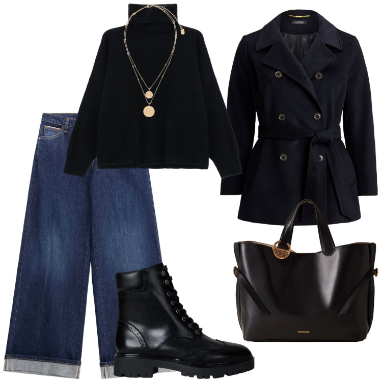 Outfit donna - Tutto il giorno. per Tutti i giorni. Abbinamento con jeans, maglieria, shopping bag, ciondoli, anfibi, cappotti.