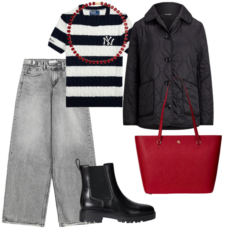 Outfit donna - Al parco con Laki. per Tutti i giorni. Abbinamento con jeans, borse tote, maglieria, stivaletti chelsea, giacche, collane.