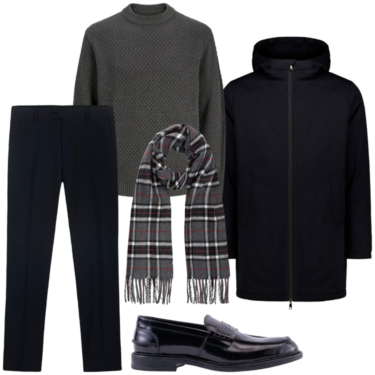 Outfit uomo - Cene di Dicembre. Stile Business/Elegante per Serata speciale. Abbinamento con maglieria, pantaloni, parka, scarpe stringate, sciarpe.