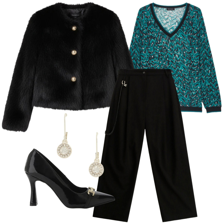 Outfit donna - Serate di incontri. Stile Chic per Serata fuori. Abbinamento con ecopellicce, décolleté, pantaloni a palazzo, orecchini, maglieria.