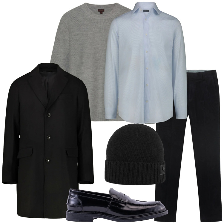 Outfit uomo - Cena di dicembre. Stile Trendy per Serata speciale. Abbinamento con berretti, cappotti, camicie, scarpe stringate, pantaloni, maglieria.