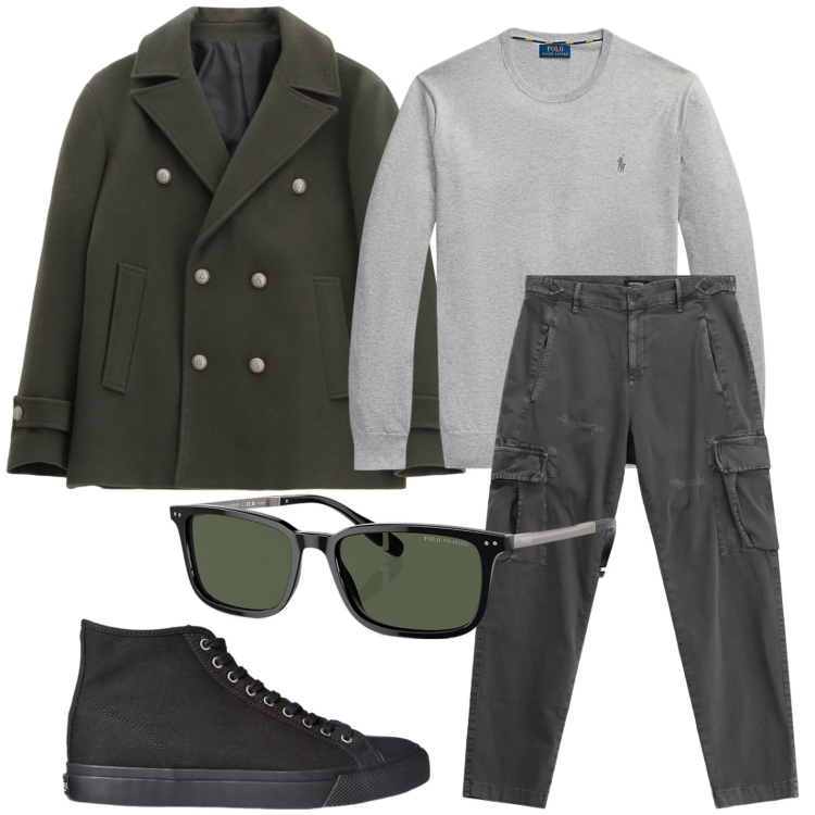 Outfit uomo - Il cappotto protagonista. Stile Trendy per Tutti i giorni. Abbinamento con cappotti, pantaloni cargo, sneakers, occhiali da sole, maglieria.
