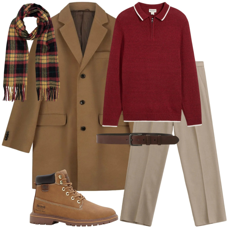 Outfit uomo - Dicembre morning. Stile Urban per Tutti i giorni. Abbinamento con maglieria, stivali e stivaletti, pantaloni, cinture, sciarpe, cappotti.