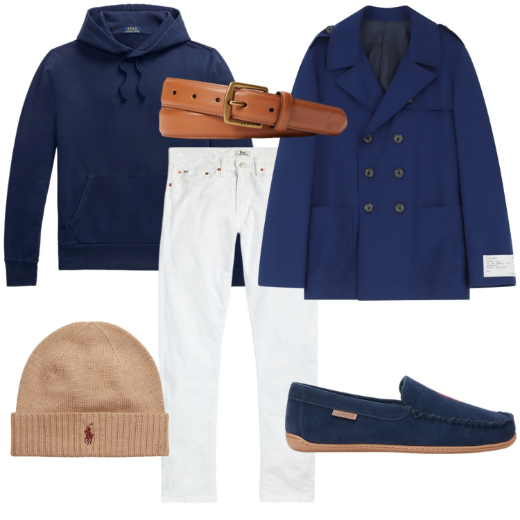 Outfit uomo - Il cappotto protagonista. Stile Casual per Tutti i giorni. Abbinamento con caban, felpe con cappuccio, cinture, jeans, pantofole, berretti.