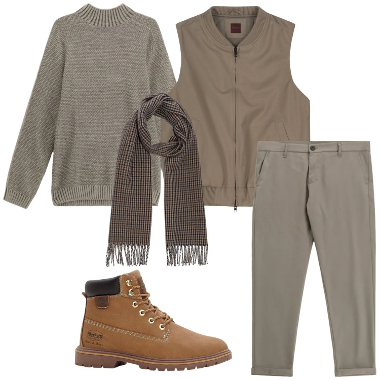 Outfit uomo - Knitwear tono su tono. Stile Trendy per Tutti i giorni. Abbinamento con stivali e stivaletti, pantaloni, maglieria, sciarpe, piumini.