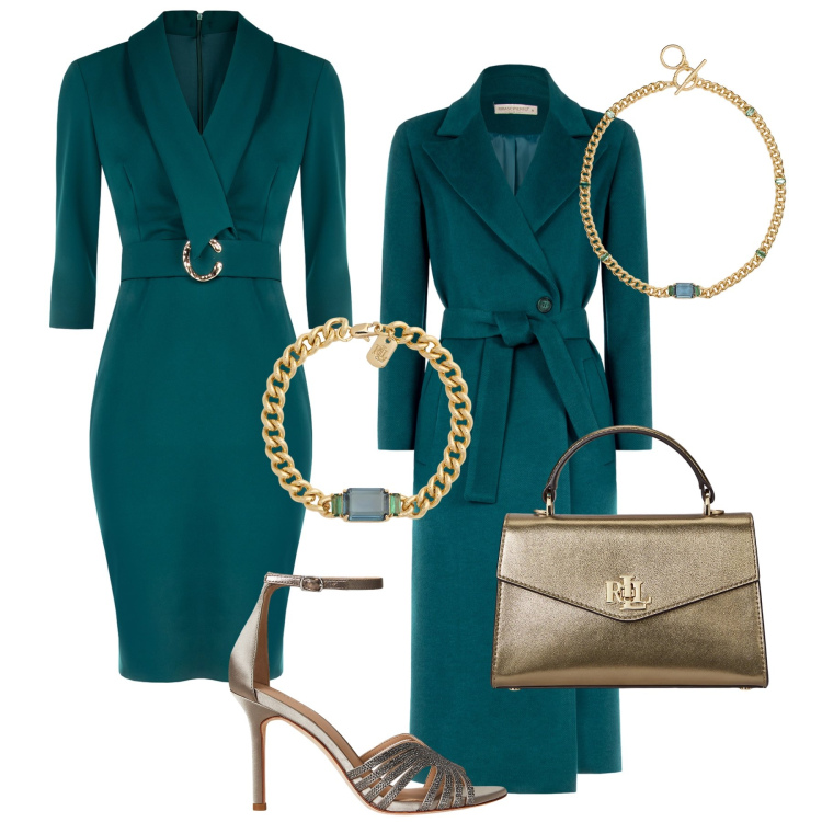 Outfit donna - Verde in festa. Stile Chic per Serata fuori. Abbinamento con cappotti, vestiti a tubino, sandali gioiello, borse a mano, braccialetti, collane.