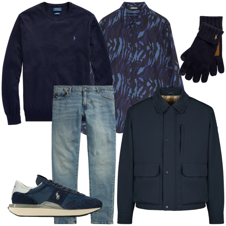 Outfit uomo - Knitwear tono su tono. Stile Casual per Tutti i giorni. Abbinamento con camicie, maglieria, guanti, sneakers, jeans, piumini.