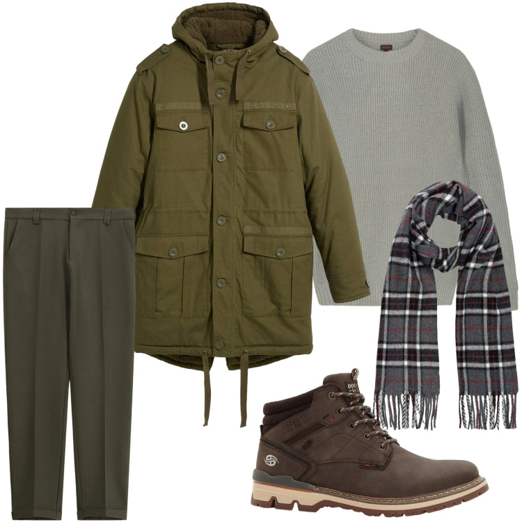 Outfit uomo - Tempo di parka. Stile Trendy per Ufficio. Abbinamento con parka, stivali e stivaletti, pantaloni chino, sciarpe, maglieria.
