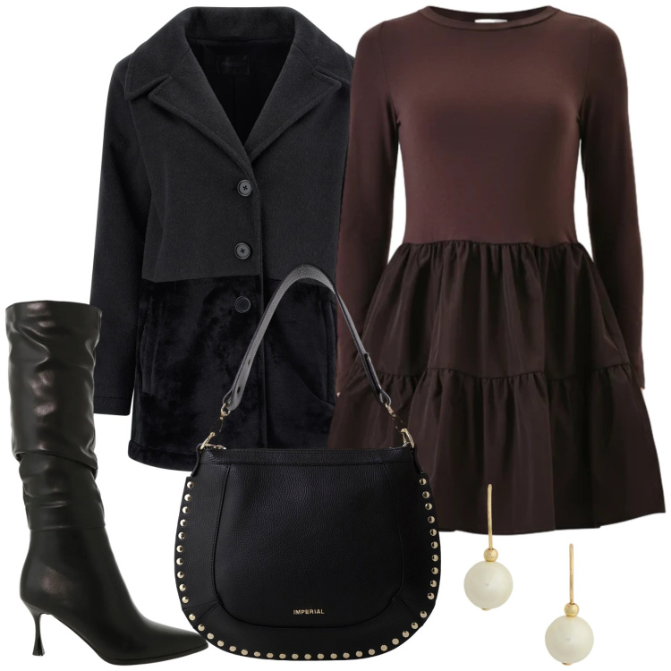 Outfit donna - Il vestito corto. Stile Trendy per Tutti i giorni. Abbinamento con vestiti corti, borse a spalla, stivali sopra il ginocchio, cappotti, orecchini.