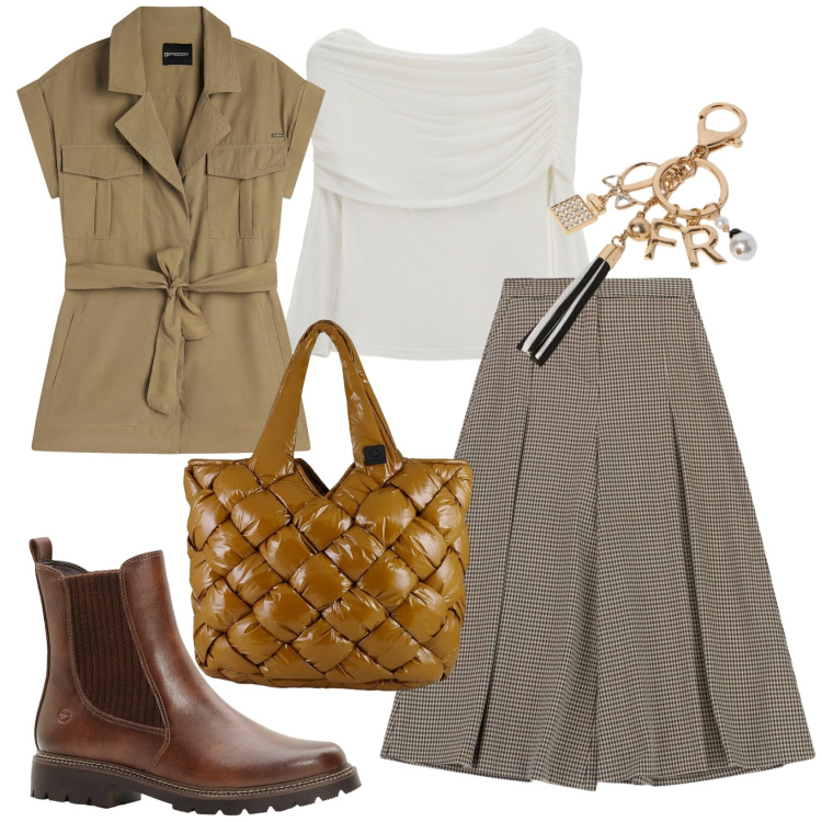 Outfit donna - Total look #2302628. Stile Casual chic per Tutti i giorni. Abbinamento con stivaletti chelsea, maglieria, pantaloni a palazzo, trench, borse tote, portachiavi.