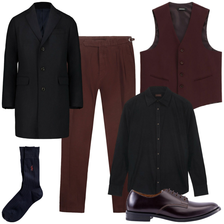 Outfit uomo - Dicembre. Stile Business/Elegante per Serata speciale. Abbinamento con gilet, calzini, pantaloni, scarpe stringate, cappotti, camicie.