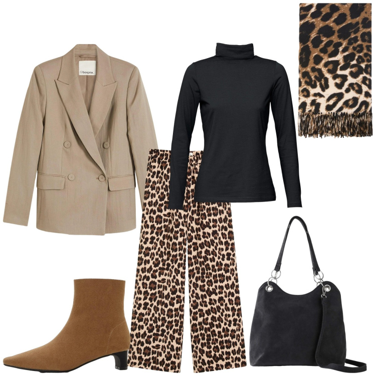 Outfit donna - Total look #2302632. Stile Chic per Serata fuori. Abbinamento con pantaloni a palazzo, maglieria, blazer, stivaletti, borse a mano, sciarpe.