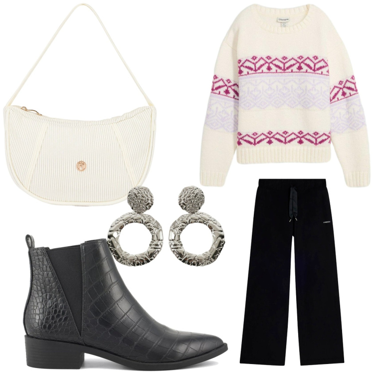 Outfit donna - Comoda con il maglione natalizio. Stile Basic per Tutti i giorni. Abbinamento con maglieria, orecchini, pantaloni, borse a mano, stivaletti.