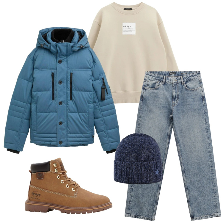 Outfit uomo - Total look #2302634. Stile Urban per Tutti i giorni. Abbinamento con stivali e stivaletti, piumini, jeans dritti, felpe, cappelli.